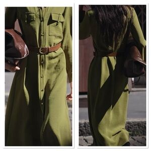 Zara New Khaki Midi Shirt Dress w/Belt Sz XS NWT